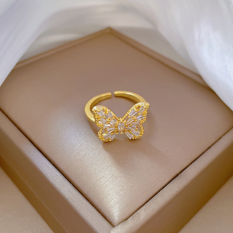 【 Real Gold electroplating 】 Open Heavy Industry Butterfly Fashion Micro-inlay Light Luxury Ring Index finger Ring, the same style as Internet celebrities, cold style Specification drawing