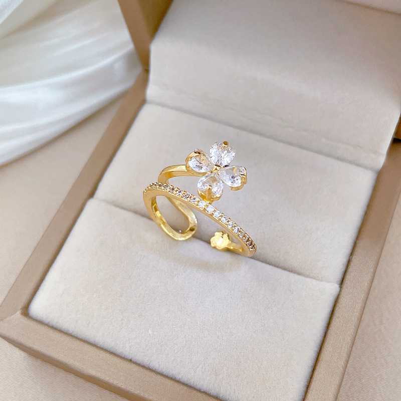 【 Real Gold 】 Lucky flower Full diamond ring with adjustable opening, simple Japanese-style ring couple rings Specification drawing