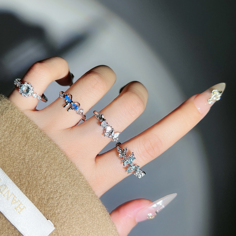 New niche and high-end blue zircon butterfly couple rings for women, light luxury and versatile, cool and simple index finger rings details Picture