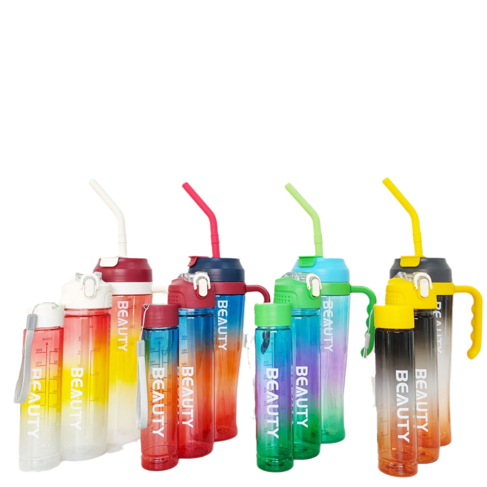Large-capacity, colorful car cup, portable straw cup, high appearance level, car plastic cup, portable handle three-piece set, water bottle Item Picture