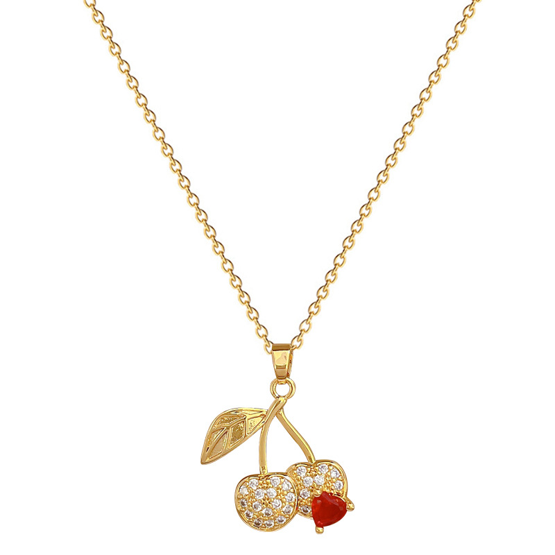 【 Titanium Steel 】 Red cherry diamond, light luxury and elegant, full diamond necklace, versatile for women, collarbone chain, titanium steel chain Item Picture