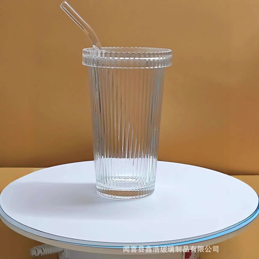 High-quality appearance water cups in stock, simple vertical striped glass cups, glass LIDS, straw cups, milk, coffee and beverages Item Picture