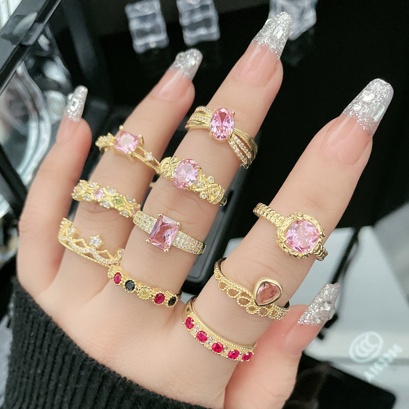French retro court gold pink diamond open ring for women's ins, cold style, niche design, light luxury style ring details Picture
