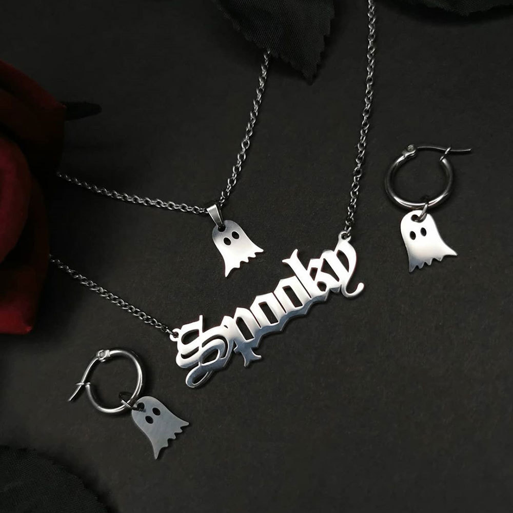 New European and American set: Simple and fun double-layer letter Little ghost necklace, funny little elf earrings, Halloween accessories full figure