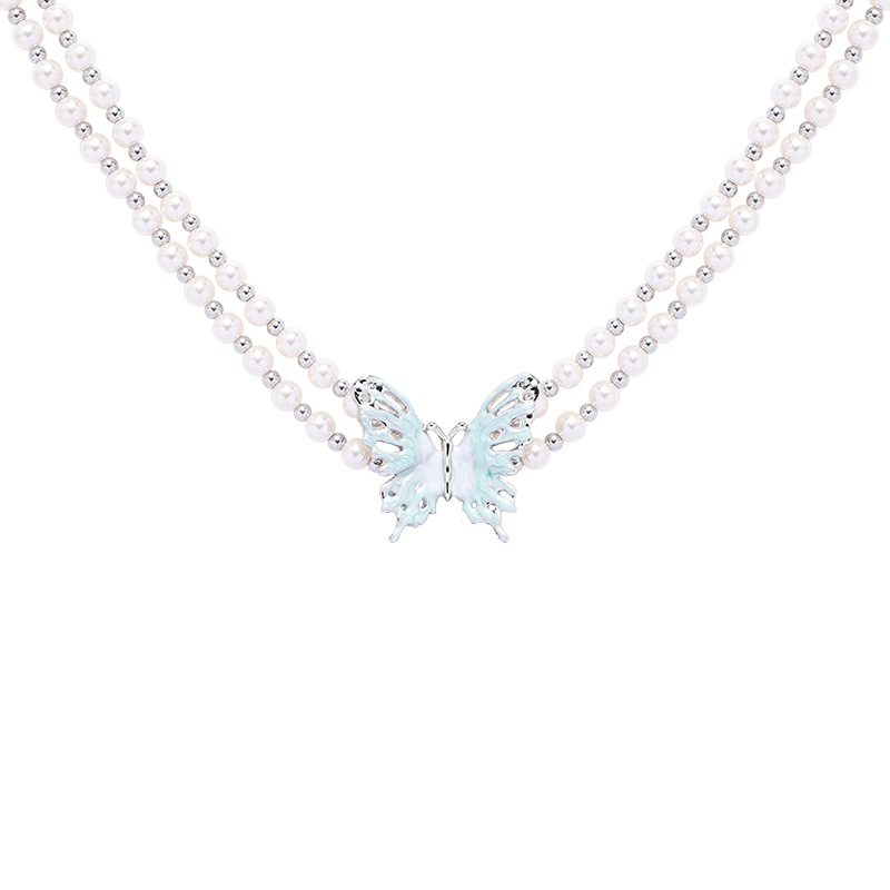 The lake blue butterfly pearl necklace with a retro design sense, double-layer layering collarbone chain, and an ins high-end, niche accessory Item Picture