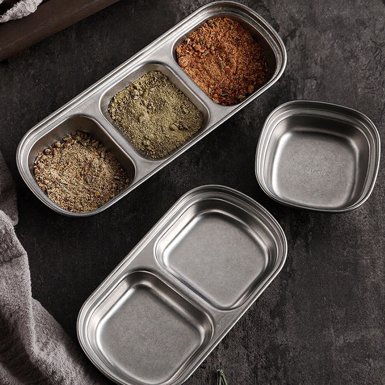Retro aged 304 stainless steel flavor dish, commercial seasoning dish, two or three compartments Korean dipping sauce dish, barbecue restaurant tableware details Picture