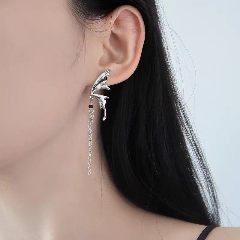 S925 Silver needle metallic tassel half butterfly stud earrings, exaggerated and asymmetrical long tassel stud earrings full figure