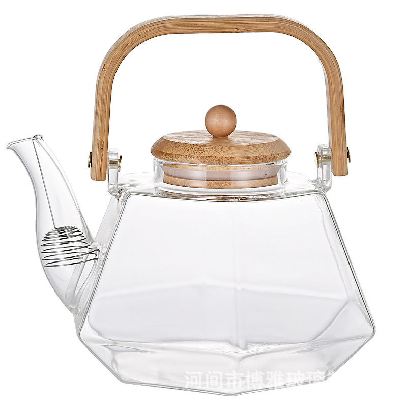 Wholesale high borosilicate glass multi-faceted teapots, heat-resistant wooden handle teapots, flower teapots, and tea-water separation teapots for roasting around a stove Item Picture