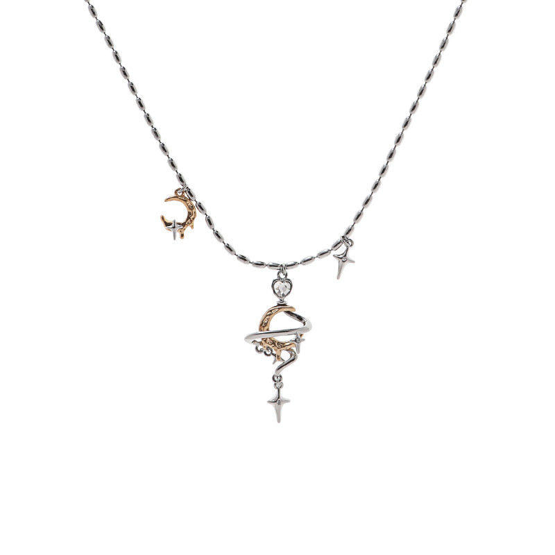 Original golden crescent necklace, summer women's high-end and fashionable four-pointed star collarbone chain, artistic and retro necklace Item Picture