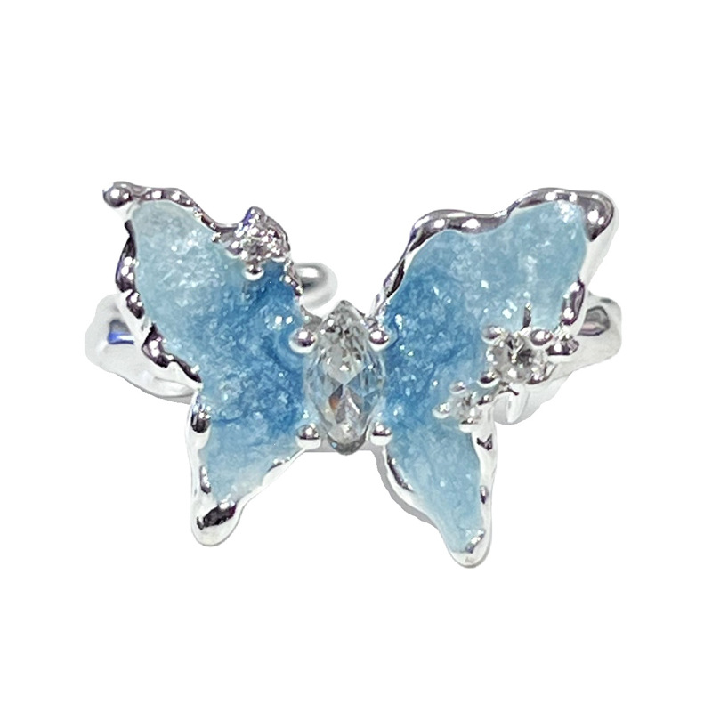 The trendy liquid butterfly fashion glacier lake blue fine sparkling drop glaze open ring is a simple, sweet and cool atmosphere ring for women Item Picture