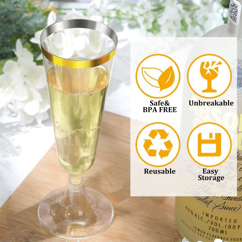 Cross-border factory wholesale 150ML disposable champagne glasses, suitable for birthday, wedding and party glasses, gold-rimmed champagne glasses Specification drawing