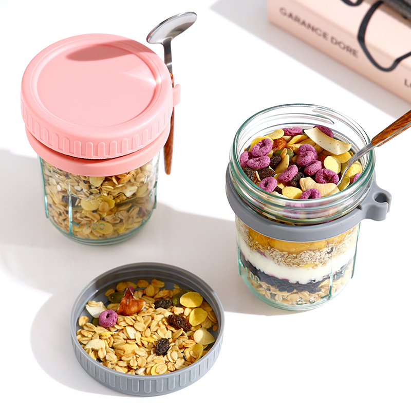 Overnight oatmeal cup, sealed glass Mason jar with spoon lid, graduated breakfast cereal cup, salad milk cup Specification drawing