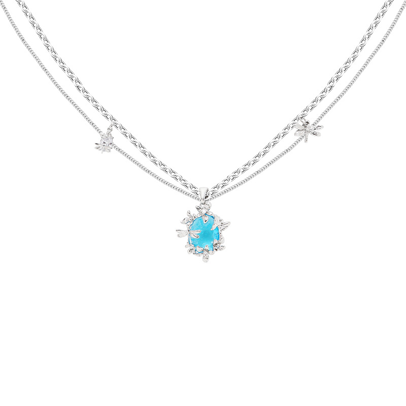 ins blue ice flower glass necklace for women's light luxury and niche autumn and winter, original collarbone chain, cool and exquisite necklace Item Picture