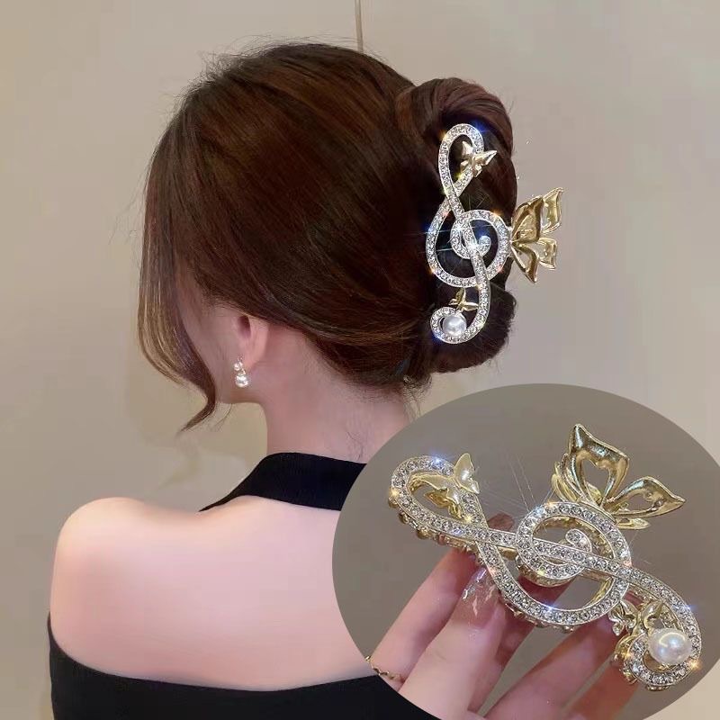 Water diamond music charm grappling clip for women, large size, elegant back head updo hair clip, light luxury and high-end shark clip accessory full figure