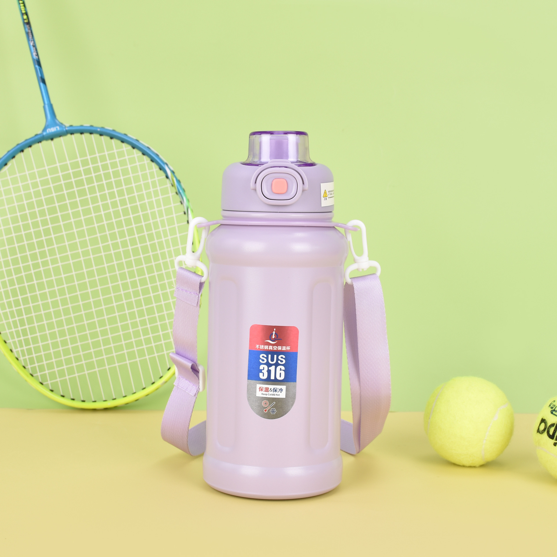 New 316 stainless steel insulated cup, outdoor dual-drinking portable sports water bottle, double-layer vacuum water bottle with handle details Picture