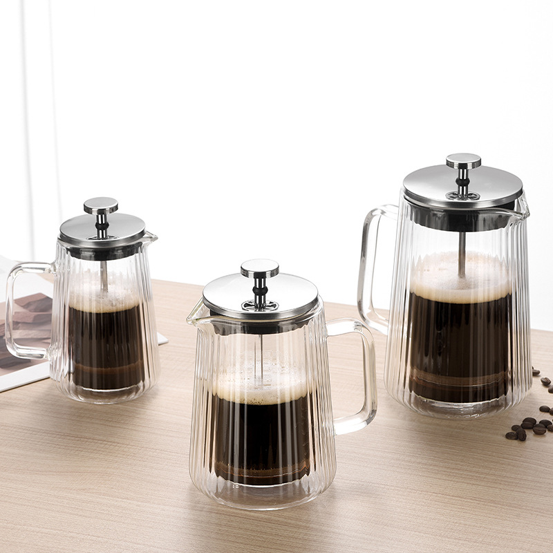 High-quality appearance level glass double-layer French press, heat-resistant coffee sharing pot, vertical pattern coffee ware, household filter tea brewer details Picture