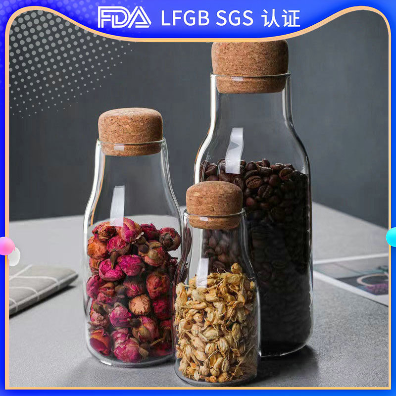 Cork stopper glass compartmentalized tea storage jar, transparent glass multi-specification spice and grain storage tea jar full figure