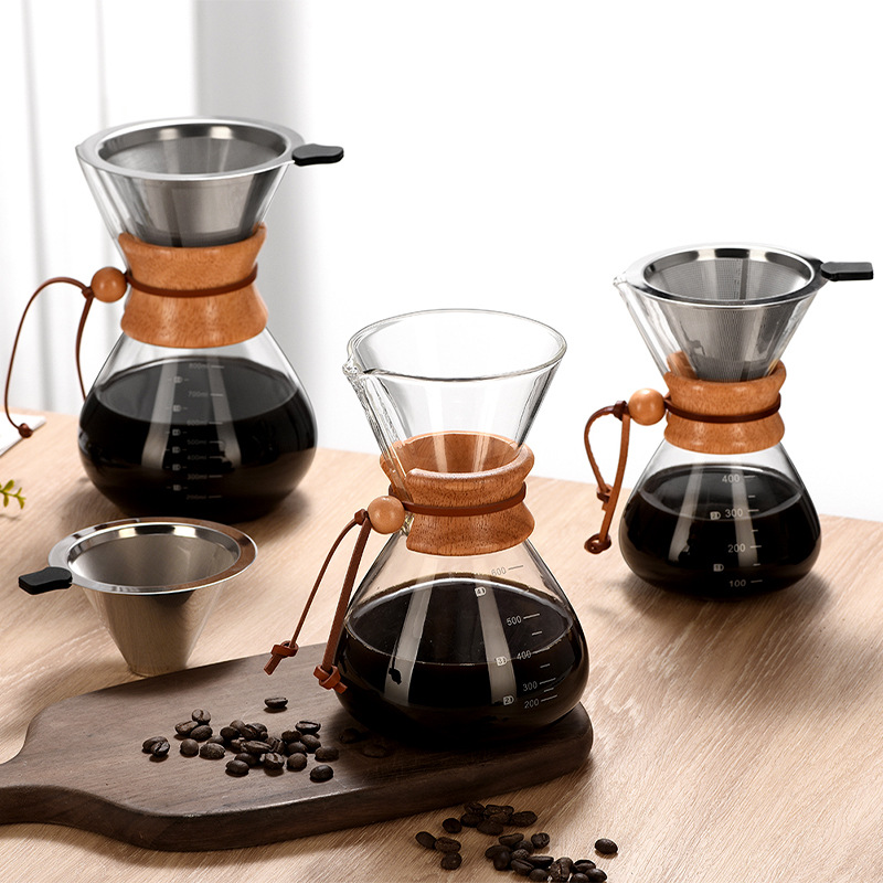 Wholesale hand-brewed coffee POTS, high borosilicate glass sharing POTS with stainless steel filter cups, drip cold-brewed coffee utensils full figure