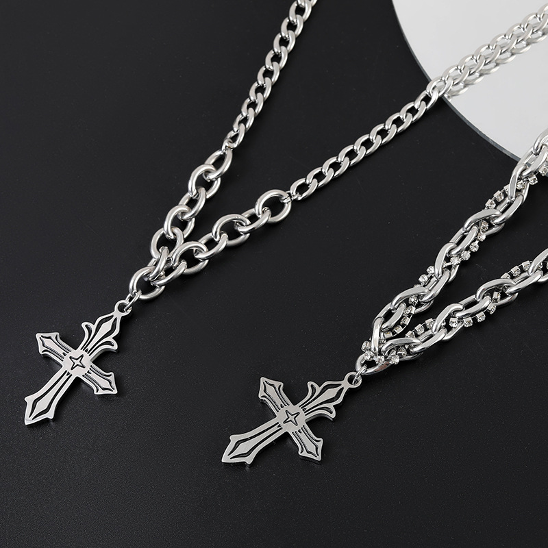 Cool and trendy titanium steel cross necklace, men's hip-hop personality long pendant accessory Specification drawing
