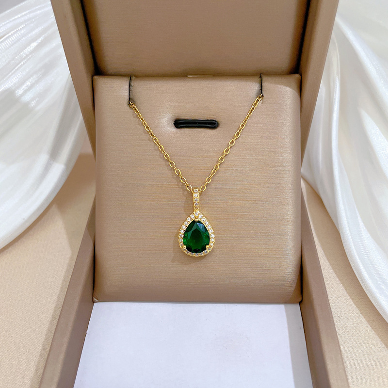 【 Titanium Steel 】 Waterdrop Green Zircon Micro-inlaid Necklace and Earring set, a light luxury and individual style earring and necklace combination Specification drawing