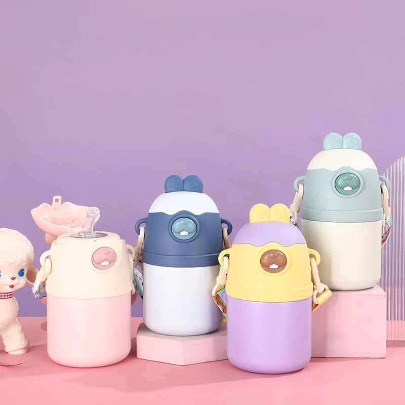 Wholesale new 316 stainless steel children's insulated cups, outdoor water bottles, bucktoothed rabbit student shoulder strap insulated cups from the manufacturer full figure
