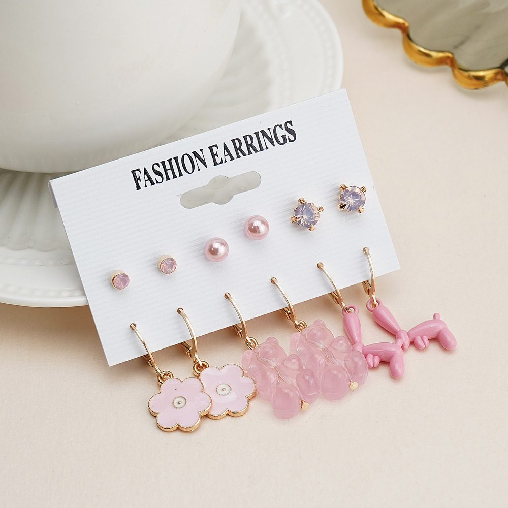 New cross-border oil-dripping maple leaf Flower heart pendant ear buckle 6-pair earring set, bear stud oil-dripping earrings Application Scenario