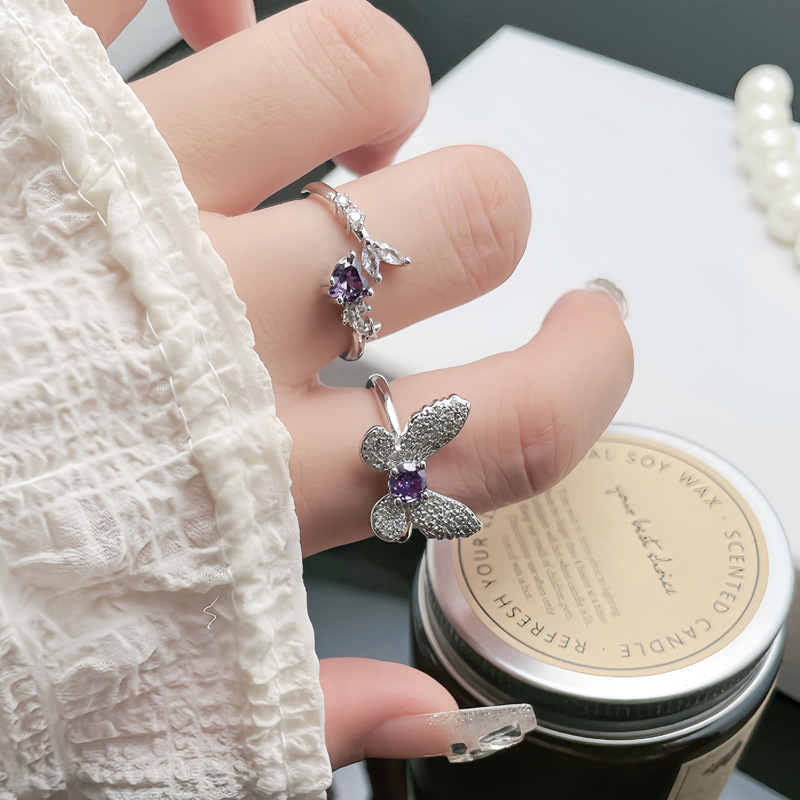 The new Korean version of the Phantom purple diamond butterfly opening ring is a light luxury, high-end, sweet, cool, fashionable and exquisite layered ring for women details Picture