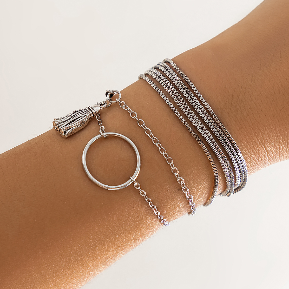 European and American cross-border accessories punk style hip-hop fine chain multi-layer bracelet geometric ring versatile tassel bracelet for women Specification drawing