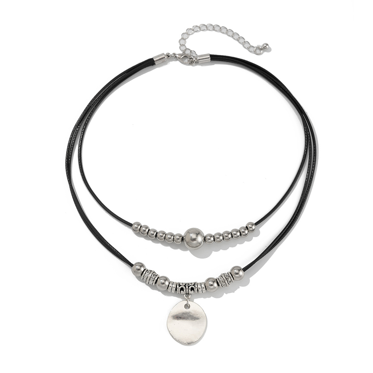 European and American cross-border jewelry, retro leather wax thread round piece pendant, collarbone chain, simple metallic feel, beaded multi-layer necklace Item Picture