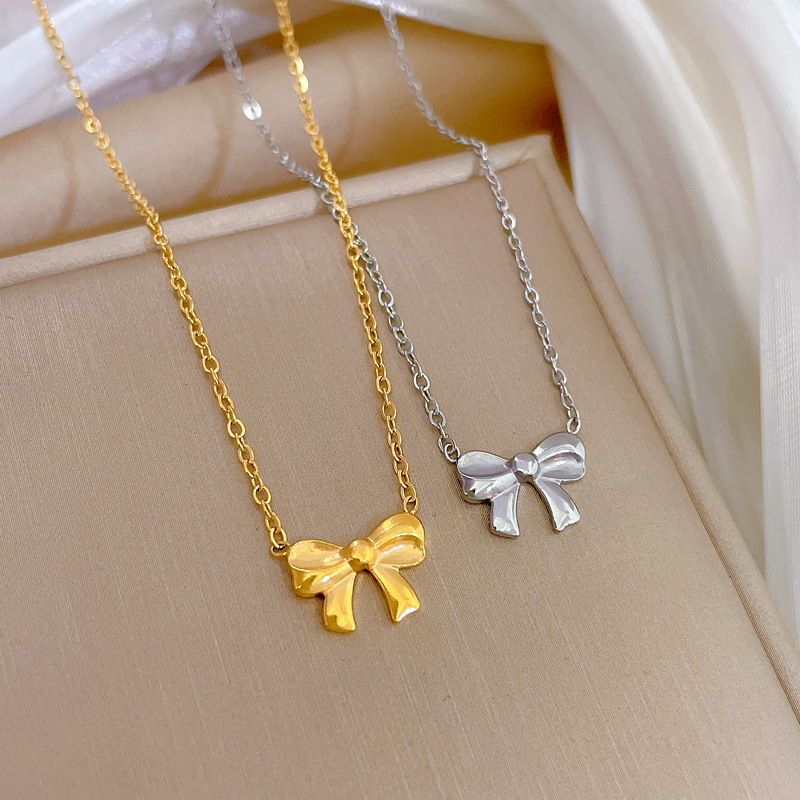 【 All-titanium Steel 】 Simple bow, elegant and individual, minimalist style, real gold necklace inside the furnace, women's ins collarbone chain Specification drawing