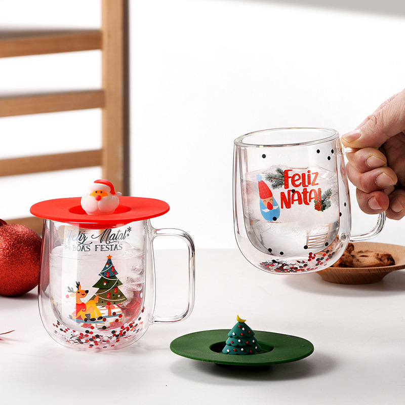Wholesale high borosilicate glass cups, double-layer insulated water cups, household cups with handles, high appearance level Christmas cups, welfare products Specification drawing