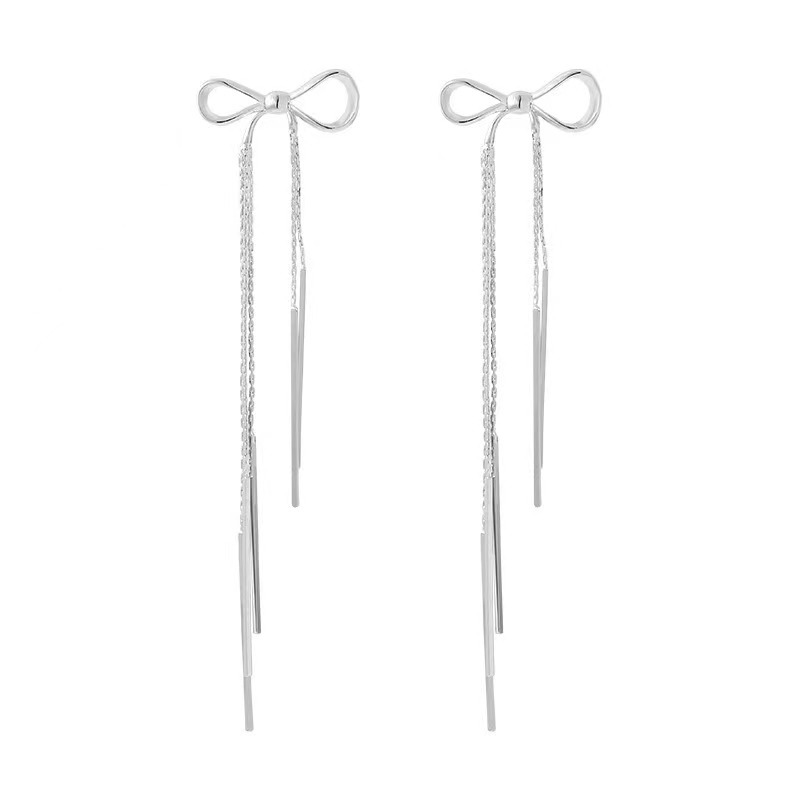 Silver bow, long tassel stud earrings, suitable for women with round faces, cold style, unique and niche earrings Item Picture