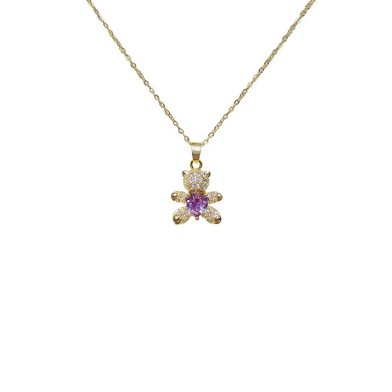 Purple bear zircon pendant necklace, a fashionable bestseller for female Douyin, titanium steel collarbone chain, a trendy and internet-famous style necklace Item Picture
