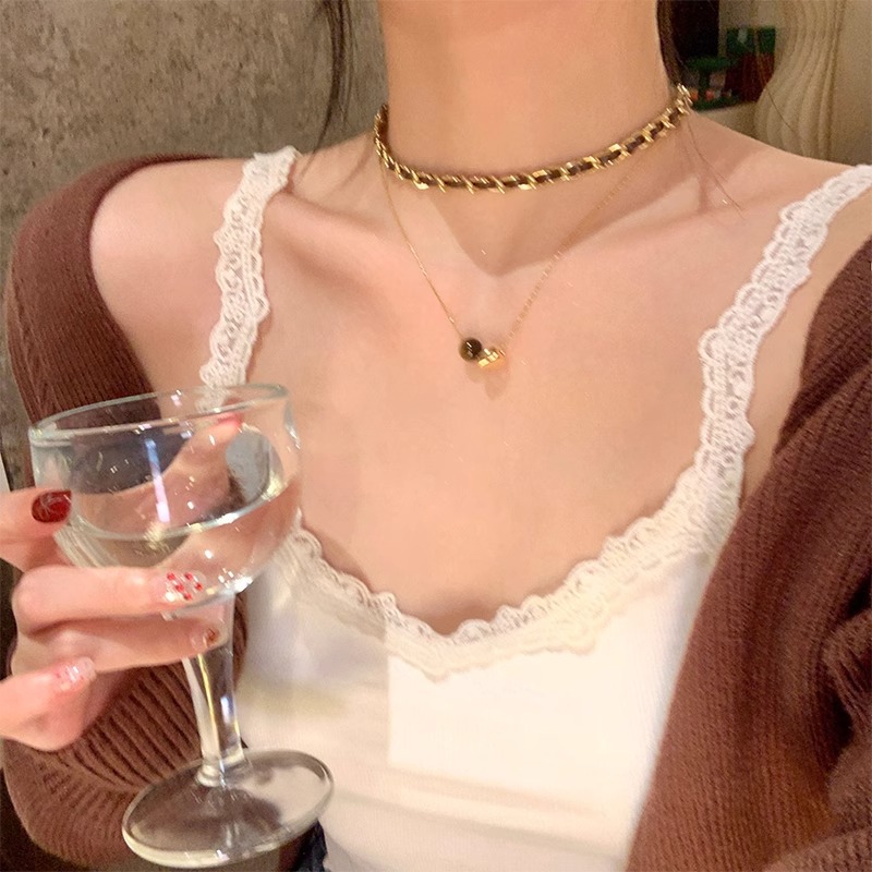 Autumn and winter Maillard vintage tiger's eye stone woven leather rope double-layer necklace, women's light luxury sweater chain, collarbone chain full figure
