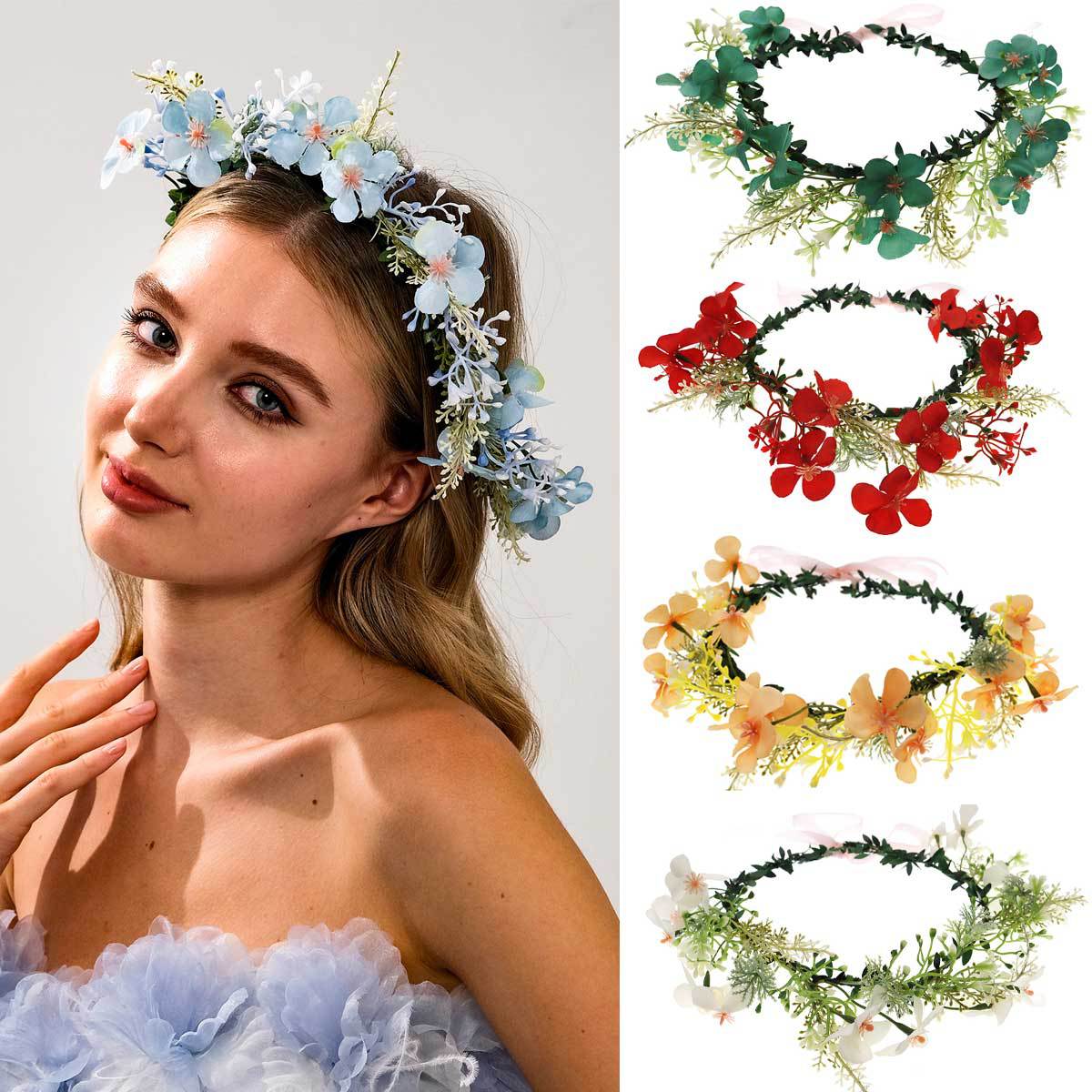 Forest-themed sweet and realistic garland headwear, spring and summer beautiful bride photo hair accessory, super fairy-like vacation flower hair band and headband full figure