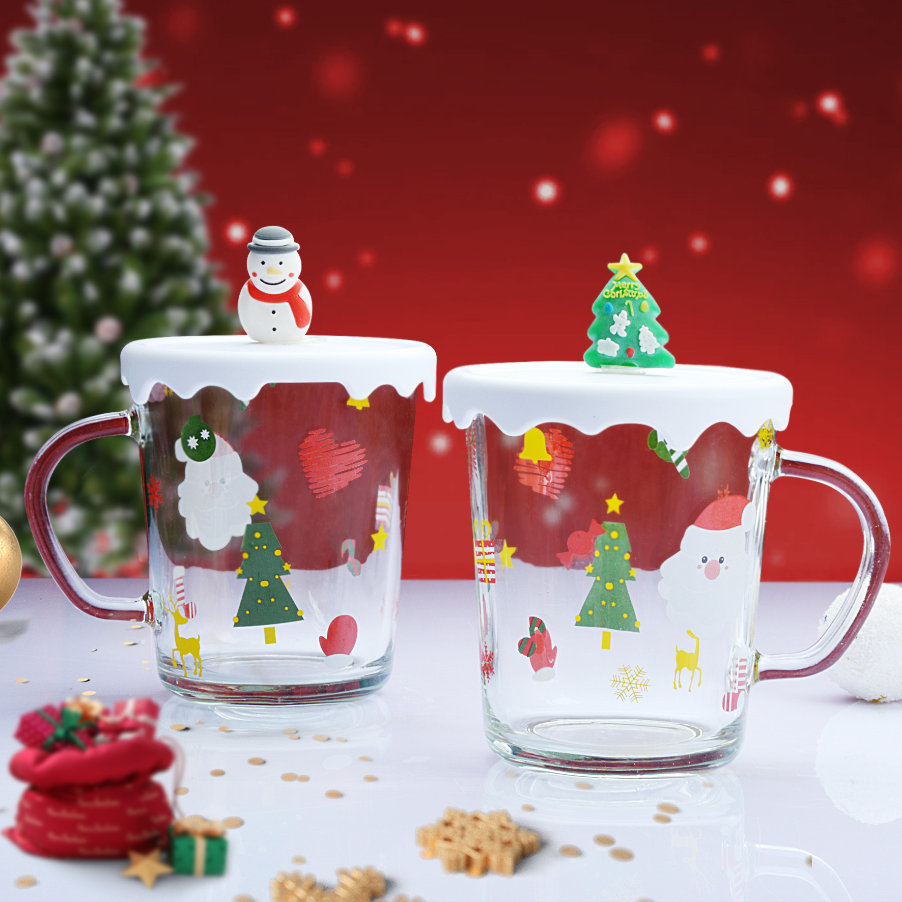 Cute Christmas glass water cup, creative cartoon mug, company opening event gift cup, covered cup Specification drawing