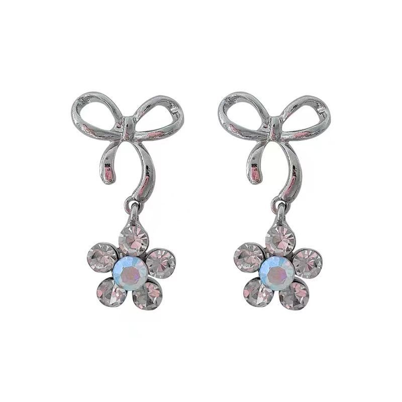 s925 Korean ins trendy bow stud earrings, light luxury shiny zircon flower pendant earrings, women's fashionable and versatile ears Item Picture