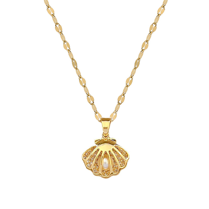 【 Titanium Steel 】 Light luxury full diamond slightly inlaid zircon perforated shell pearl necklace, copper-plated real gold pendant, ins style Item Picture
