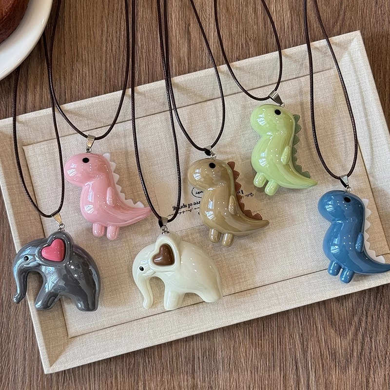 Super cute dinosaur elephant pendant necklace, adorable design sense, long sweater chain, ins personality, versatile necklace details Picture