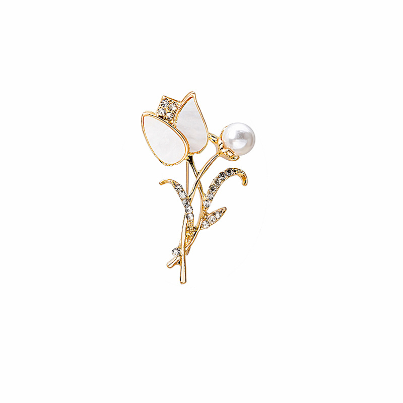 New copper micro-inlaid zircon corsage, natural shell tulip brooch, suit corsage pin, clothing accessory and jewelry Item Picture