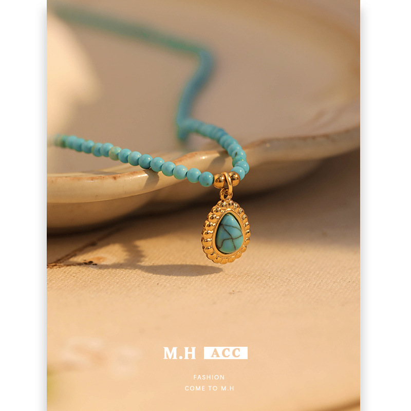 New turquoise beaded titanium steel necklace, women's artistic retro collarbone chain, ins light luxury niche original necklace wholesale Specification drawing