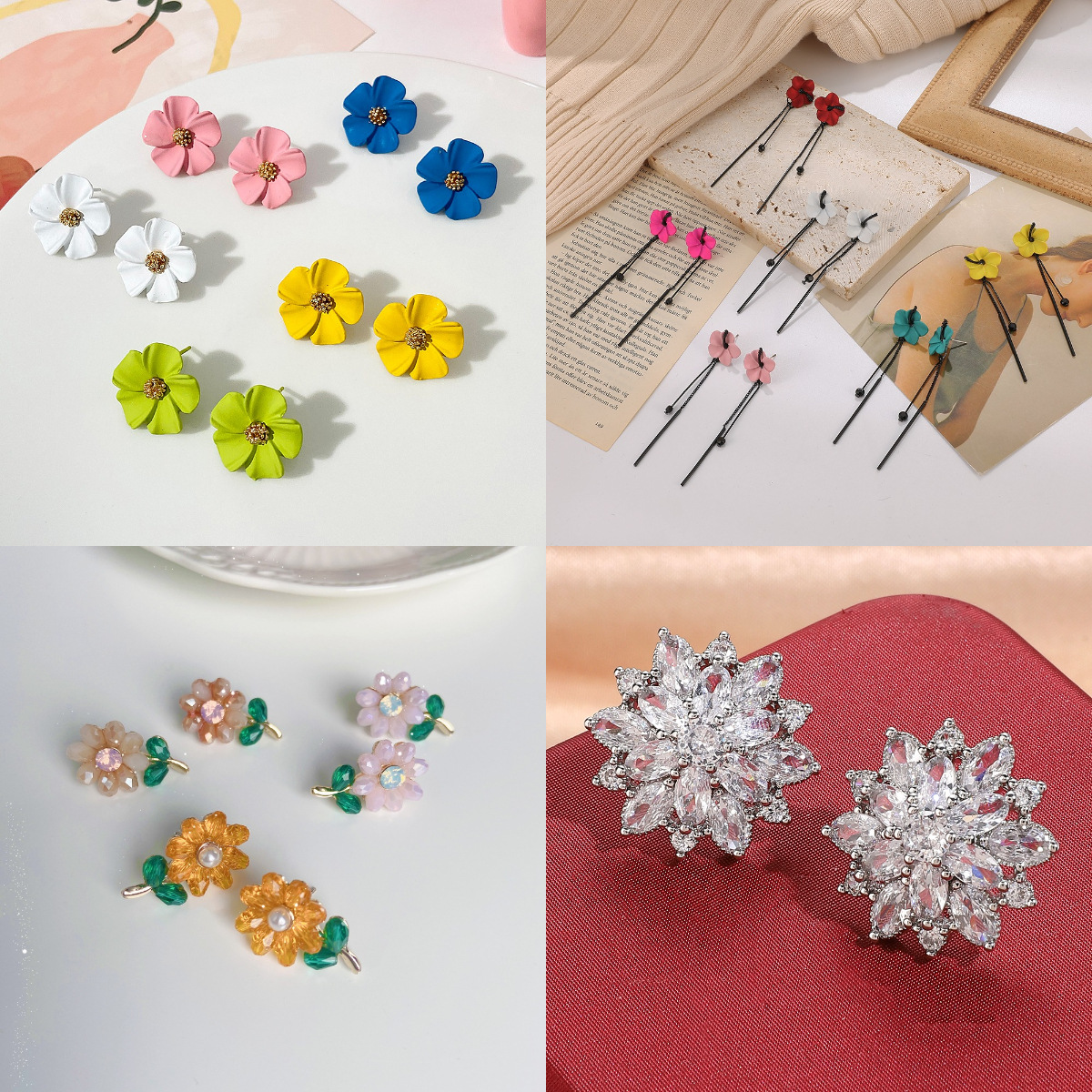 French light luxury square diamond-encrusted flower stud earrings for women in an ins style, European and American personality and temperament, small sugar flower earrings trend details Picture