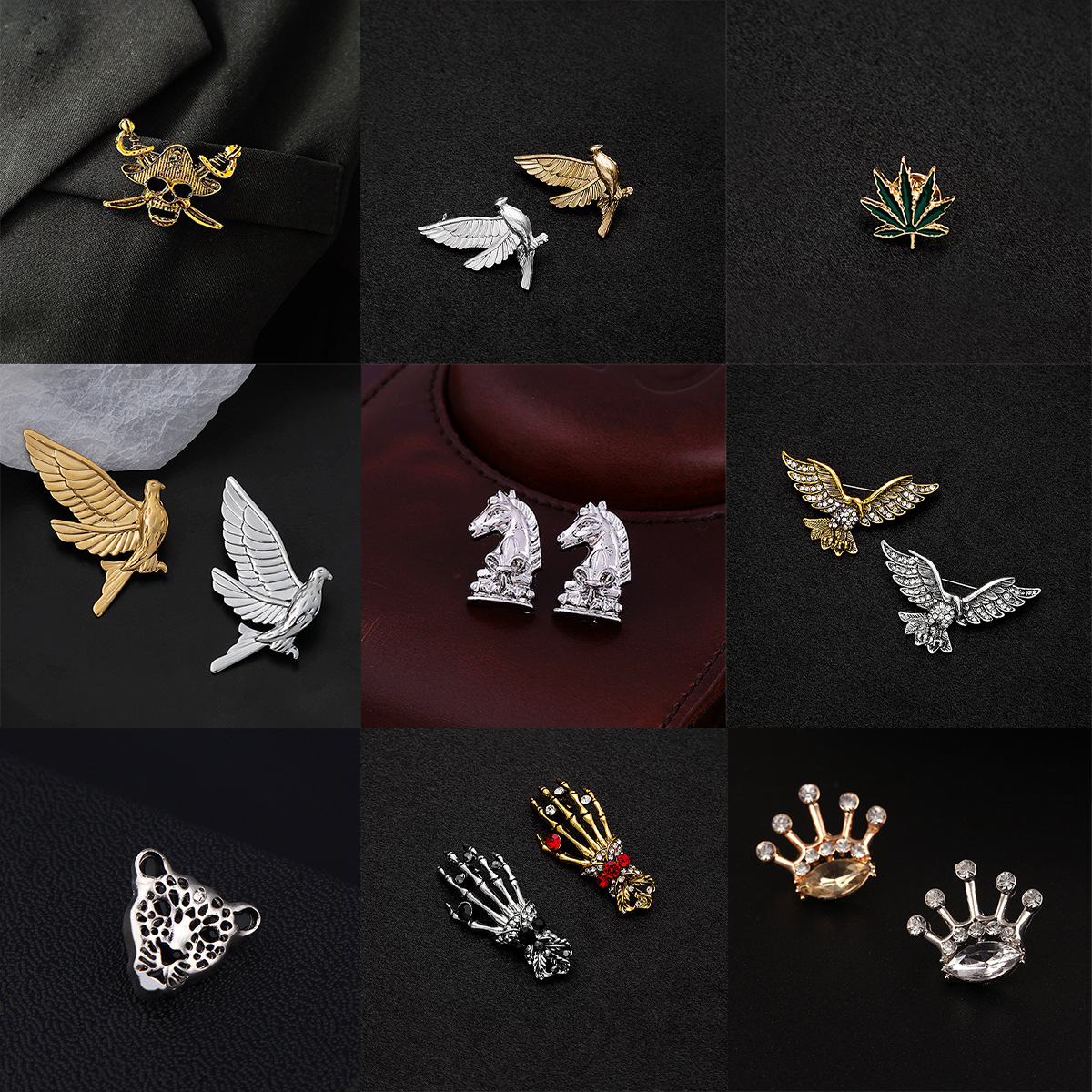 A collection of European and American personalized diamond-encrusted metal brooches and collar pins, featuring a high-end, anti-glare flower, butterfly and crown brooches Specification drawing