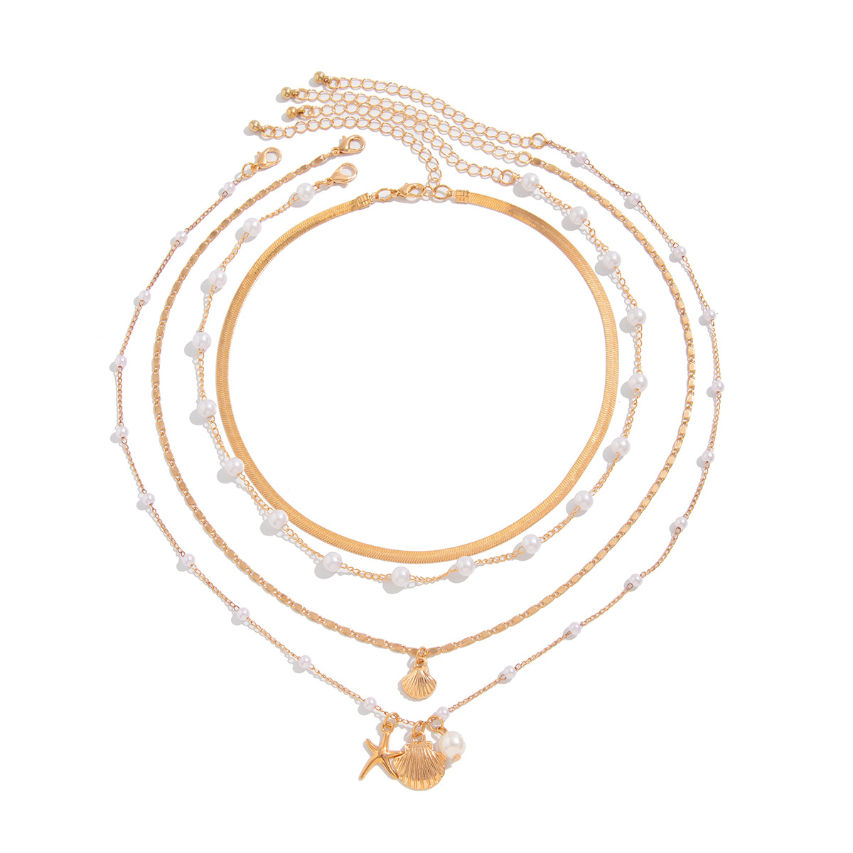 European and American cross-border jewelry ocean-style metal starfish shell necklace set, design sense pearl chain collarbone chain Item Picture