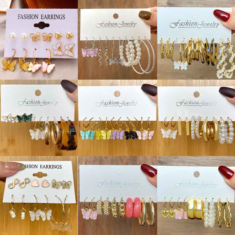 New cross-border butterfly earrings set of 6 pairs, creative and simple acrylic butterfly earrings, 8-shaped heart-shaped stud earrings for women full figure