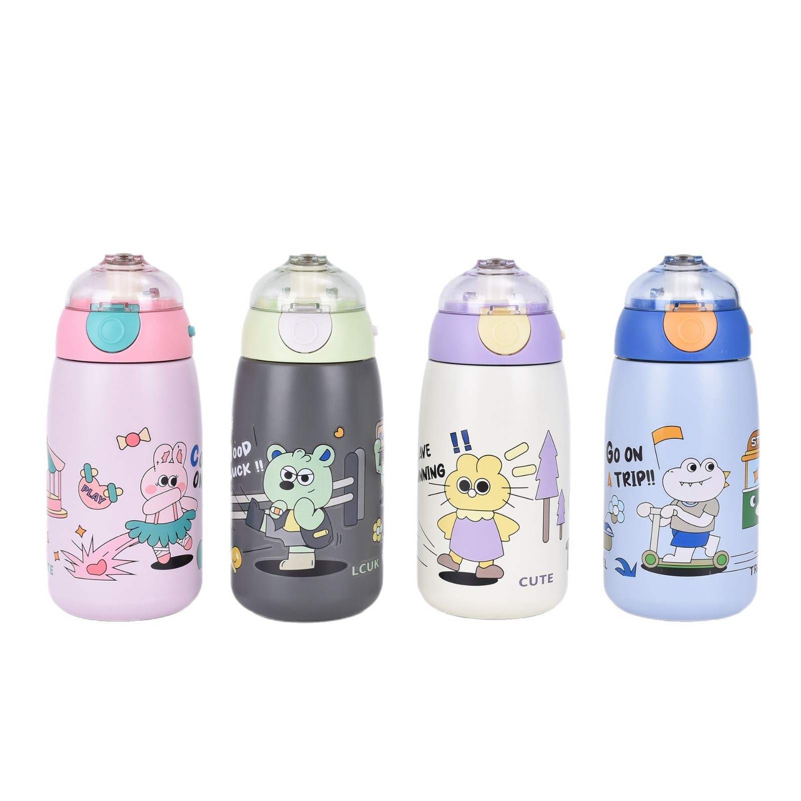 Cartoon 316 stainless steel children's insulated cup, double-layer portable water cup with handle rope, cute vacuum bouncing cup for students Item Picture