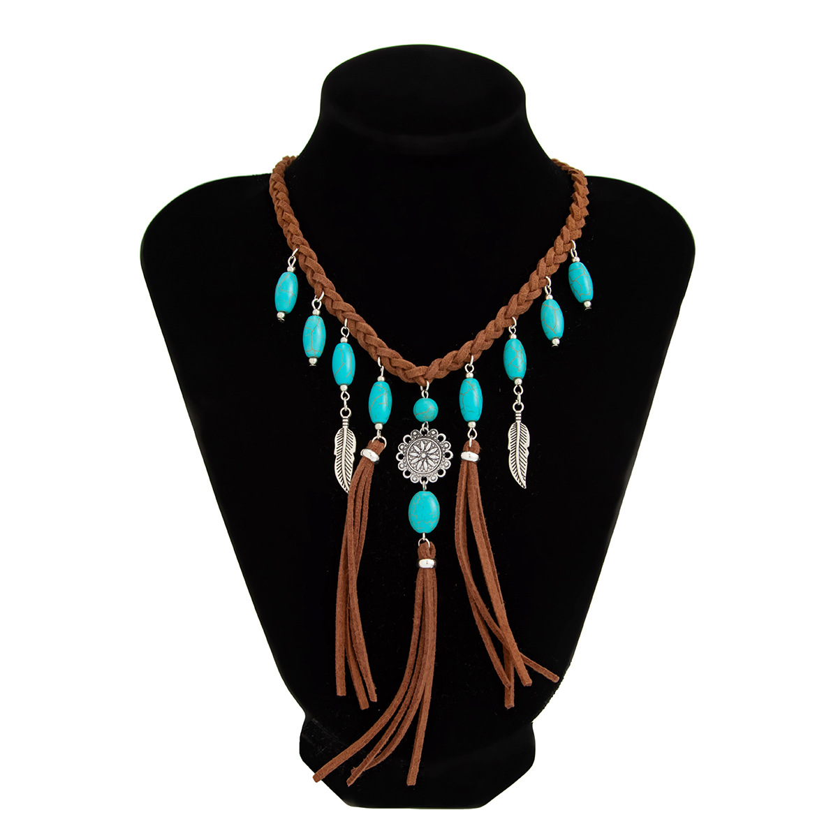 European and American cross-border jewelry, ethnic-style velvet fabric woven tassel necklace, Bohemian turquoise pendant, collarbone chain Item Picture