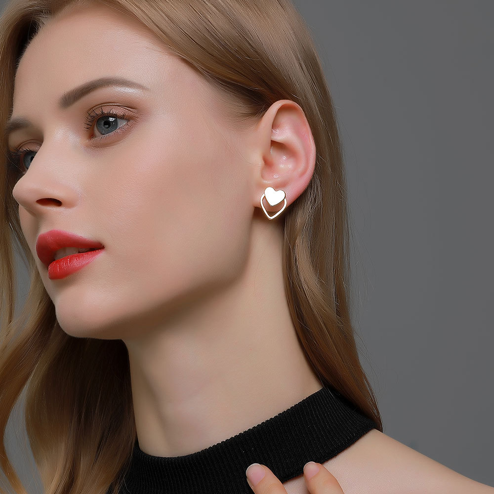 New European and American style earrings, simple double-layer heart-shaped stud earrings, cold style heart-shaped earrings, personalized and versatile cross-border earrings details Picture