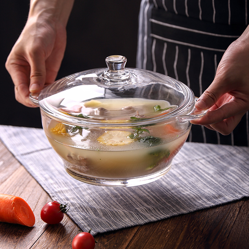 POUGINE double-ear tempered glass cooker, microwave heat-resistant glass bowl, large-capacity covered glass cooker Application Scenario