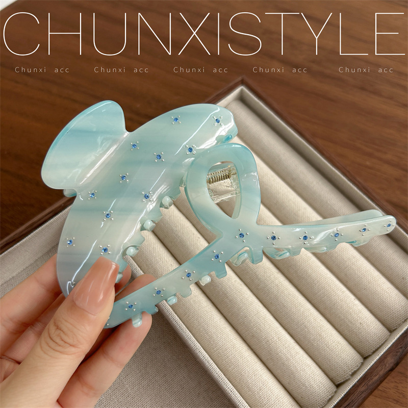 Korean high-end spring and summer acetate exquisite diamond-encrusted dazzling blue-green shark clip, shark grab, hair grab, children's clip Specification drawing